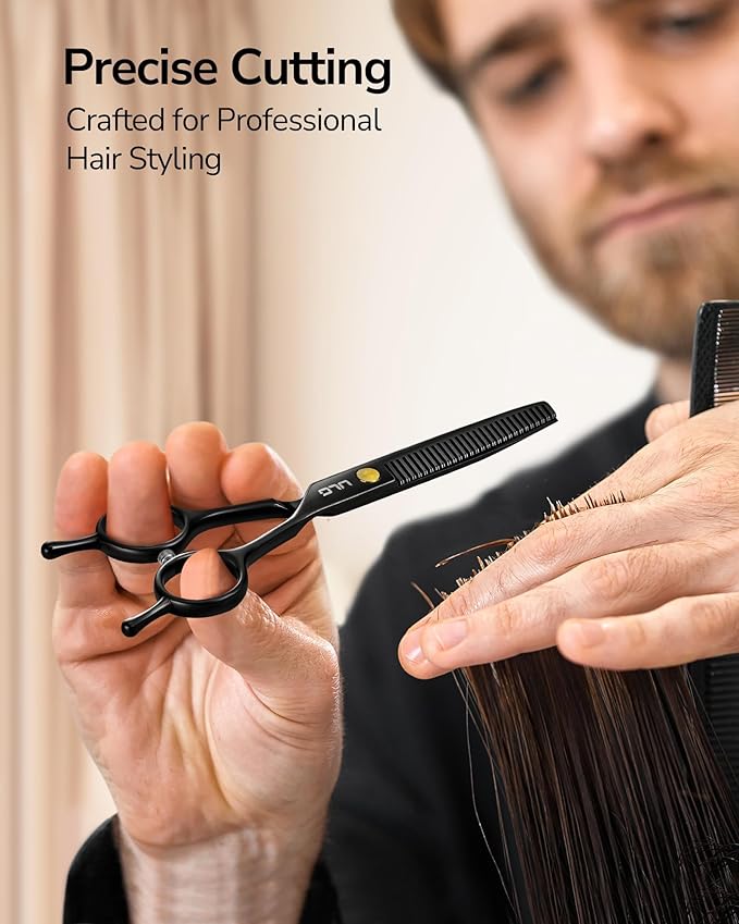 ULG 6.5'' Professional Texturizing & Thinning Shears with PU Leather Case, Ultra Sharp Japanese Stainless Steel, Ambidextrous Ergonomic Handle for Barbers, Stylists, Salon & Home Use, Black