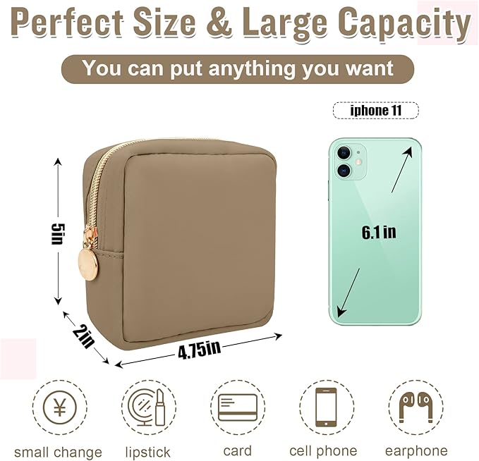 Nylon Mini Makeup Bag for Purse, Preppy Small Cute Makeup Bag Cosmetic Zipper Pouch Purse, Waterproof Travel Coin Pouch Sanitary Napkin Storage Bag Clutch Makeup Organizer Pouch for Women Girls(Khaki)