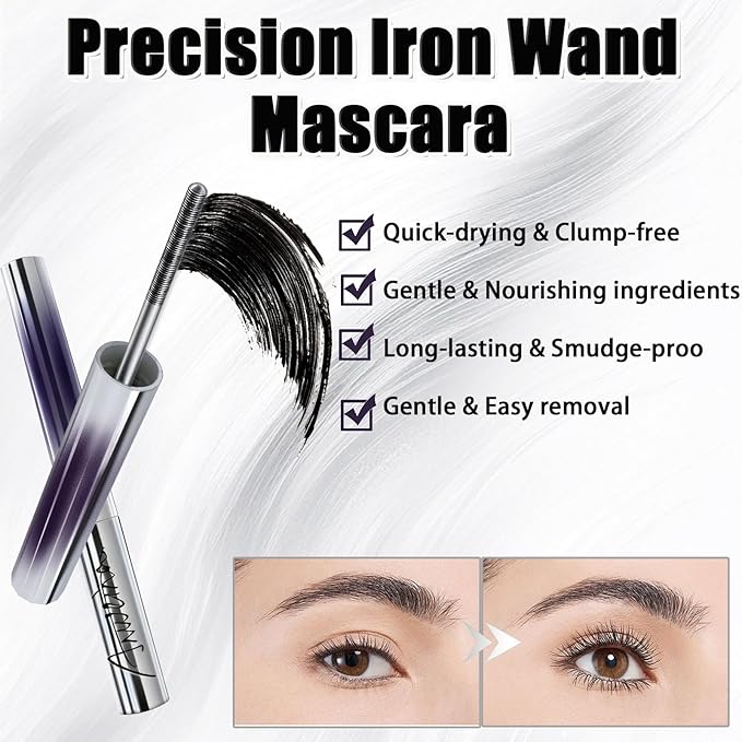 Iron Wand Mascara, Metal Wand Mascara, 3D Curling Metal MascaraWand, Clump-Free, Waterproof & Smudge-Proof Formula For Naturally Long, Thick Lashes