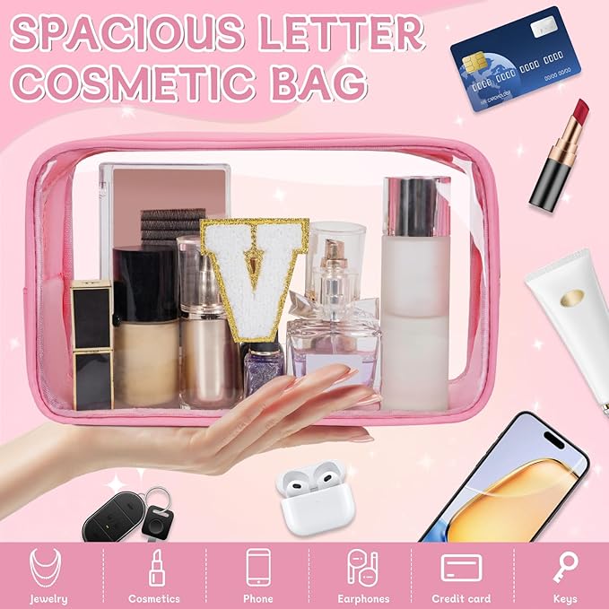 Personalized Initial Clear Makeup Bag, Travel Chenille Patch Cosmetic Bag, Preppy Toiletry Bag Monogram Cosmetic Pouch with Zipper, Ideal Gift for Teen Girls Women (Clear-Pink, V)