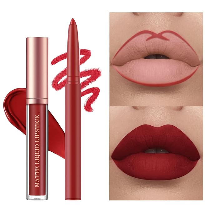 BestLand 6Pcs Matte Liquid Lipstick and Lip Liner Set, Non-Stick Cup Not Fade Waterproof 24 Hour Lip Gloss Nude Brown Lip Liner Pencil for Women, labiales mate 24 horas originales (Set F)