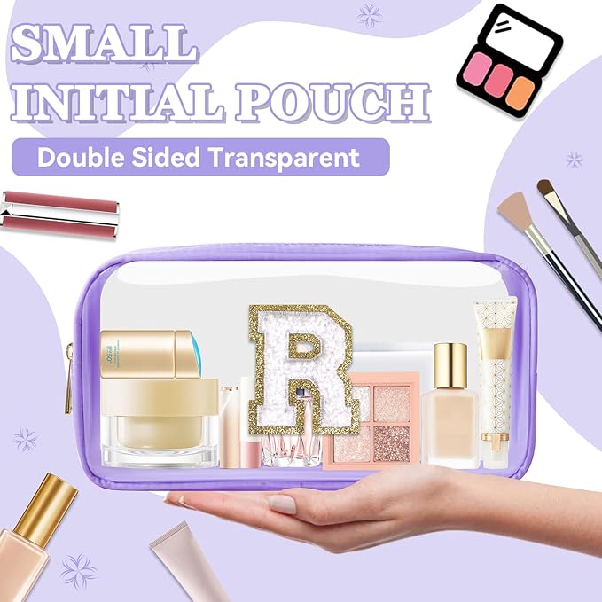 Small Clear Personalized Initial Makeup Bag,Nylon Preppy A-Z Chenille Letter Patch Cosmetic Pouch Beach Toiletry Bag,Waterproof Zip Travel Purse Storage Bag Organizer for Women Girls(Purple-White R)