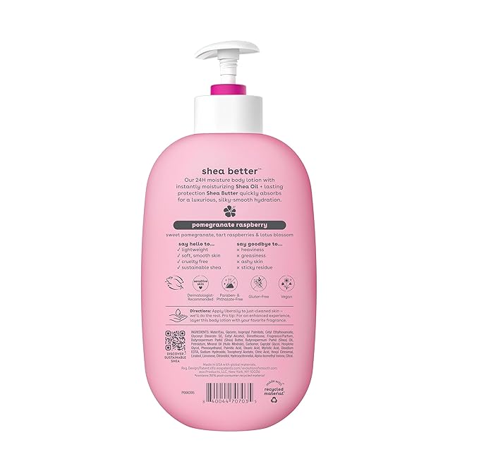eos Shea Better Body Lotion Pomegranate Raspberry, 24-Hour Moisture Skin Care, Lightweight & Non-Greasy, Natural Shea, Vegan, 16 fl oz