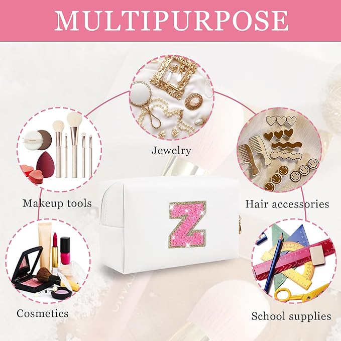 Initial Letter Patch Makeup Bag, Preppy Glitter Pouch Cosmetic Bag, Small PU Travel Toiletry Bag Zipper, Personalized Monogrammed Gift for Friends, Sisters & Teens (Letter Z)