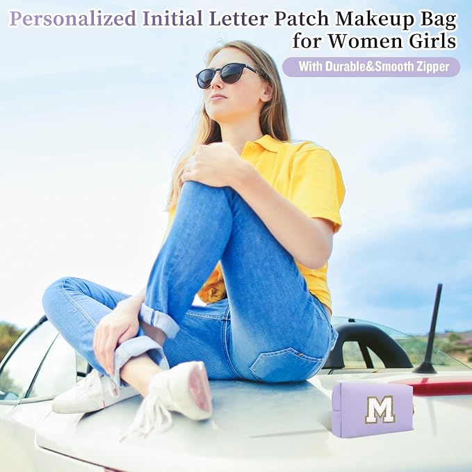 Personalized Initial Letter Patch Makeup Bag, Preppy Small Chenille Cosmetic Bag with Zipper, PU Leather Waterproof Travel Toiletry Bag Monogram Make Up Pouch for Women Girls