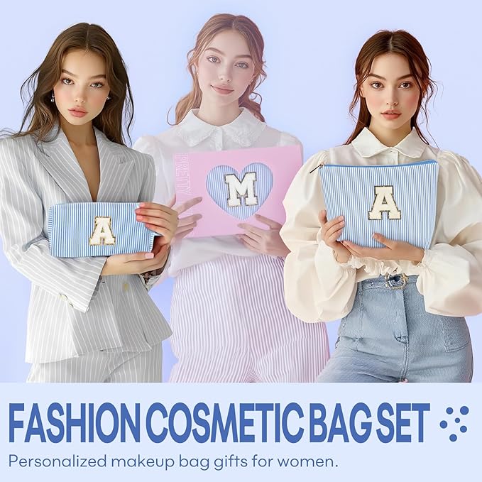 2 PCS Initial Makeup Bags for Women: Cosmetic Bag for Travel Toiletry - Birthday Gifts for 11 12 13 14 15 16 17 18 Years Old Girl Graduation Teacher Gift- Teen Girl Gifts Trendy Stuff - Blue J