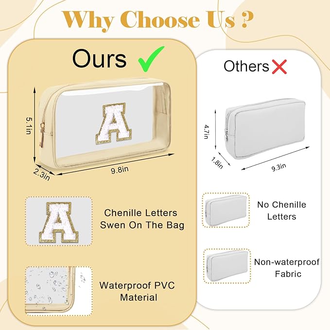 Personalized Initial Letter Clear Makeup Bag,Preppy Small Nylon&PVC Cosmetic Zipper Bag with Chenille Letter,Portable Beach Travel Skincare Toiletry Bag,Trendy Monogram Gift for Teen Girls Women,H