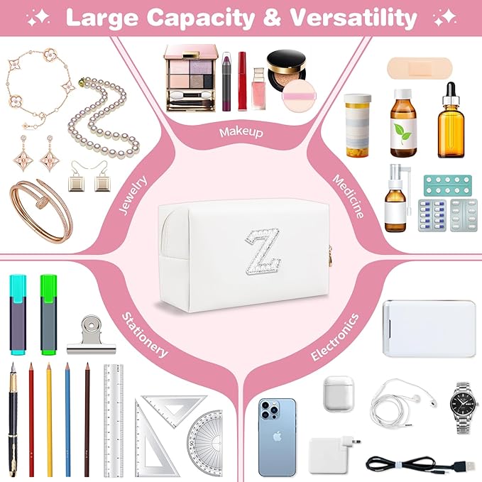 Bride Gifts – Personalized Initial Makeup Bag with Pearl Rhinestone Patch, Preppy White Monogram Cosmetic/Toiletry Pouch, bridesmaid Gifts, Bridal Shower Gifts, Wedding Gifts, Bridal Gifts,Z