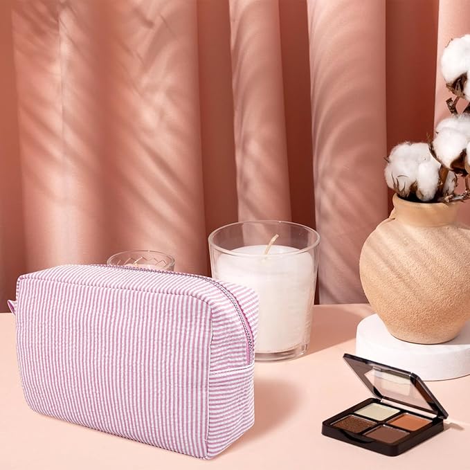GFU Cosmetic Bag for Women, Large Makeup Bag, Travel Toiletry Stripe Cosmetic Bag, Seersucker Women Aesthetic Organizer Storage Pouch, Girls Handbags Purses (Pink)