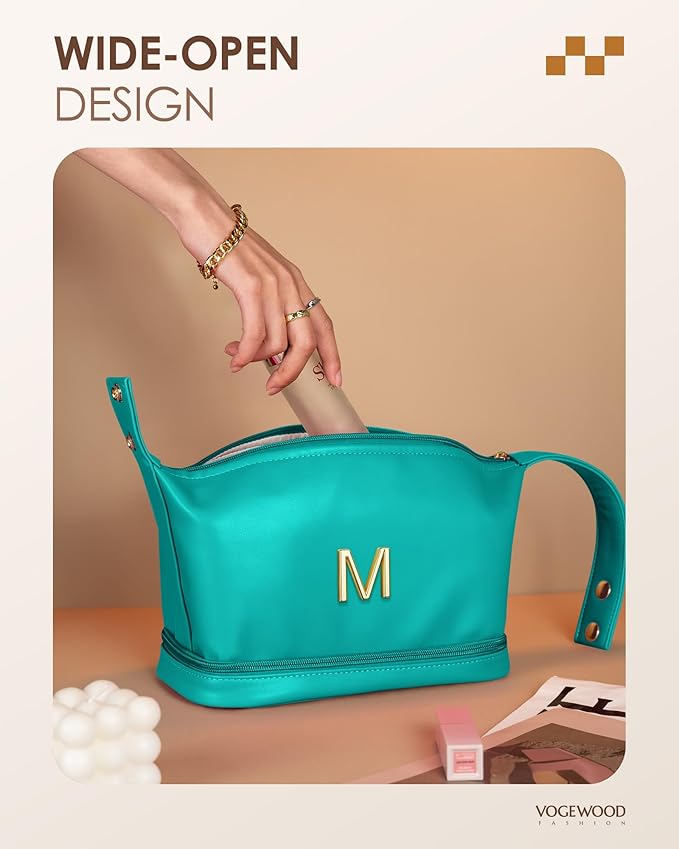 Engagement Gifts for Women, Personalized Makeup Bag with Handle, Initial Double Layer Cosmetic Bag with Makeup Brush Organizer, Cute Cosmetic Pouch for Women, Gifts for Friend Female Mom