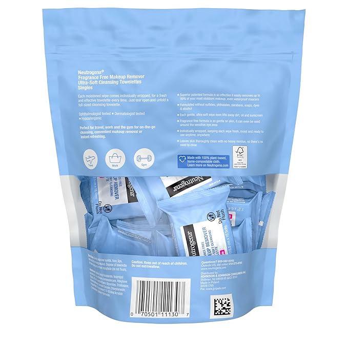 Neutrogena Fragrance-Free Makeup Remover Cleansing Towelette Singles, Individually-Wrapped Daily Face Wipes to Remove Dirt, Oil, Makeup & Waterproof Mascara for Travel & On-the-Go, 20 ct (Pack of 6)