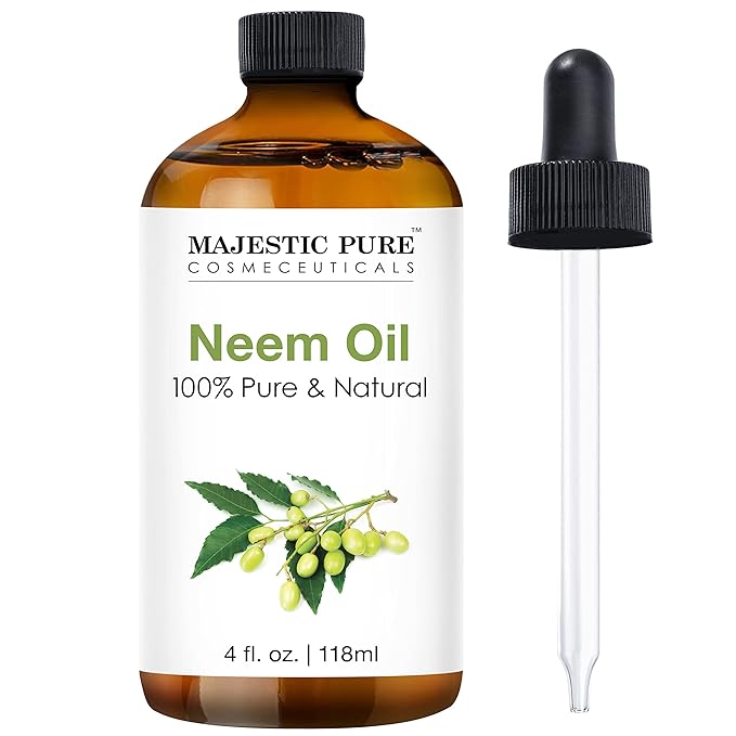 Majestic Pure Neem Oil Spray for Plants and Essential Oils Mixing, 100% Pure Cold Pressed, Safe for Dogs, Great for Skin/Hair Care, Massage Oil, Nails, Acne & Moisturizer for Dry Skin, 4 Fl Oz