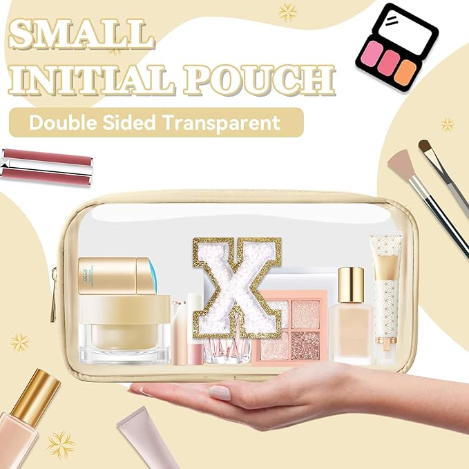 Small Clear Personalized Initial Makeup Bag, Preppy A-Z Chenille Letter Patch Cosmetic Bag, Cute Transparent Nylon Waterproof Zipper Beach Varsity Letter Pouch, Gift for Women Girls(Beige-White X)