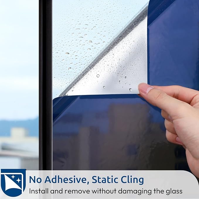 rabbitgoo Window Privacy Film One Way Window Tint for Home, Removable Reflective Heat Sun Blocking Anti UV Glass Door Covering, Mirror Tinting Film House Office, 17.5 in X 13.1 Feet, Blue Silver
