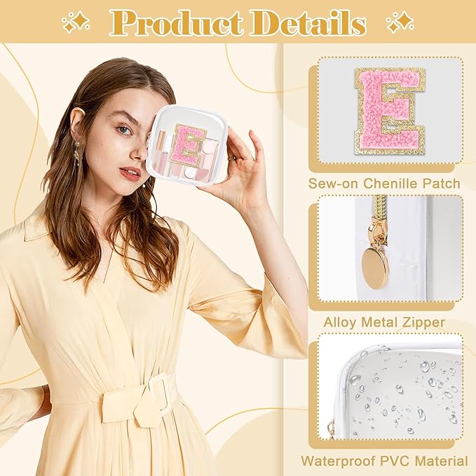 Personalized Initial Letter Clear Preppy Makeup Bag,Mini Nylon Chenille Letter Cosmetic Bag Cute Zipper Pouch Purse for Teen Girls,Portable TSA Approved Beach Travel Essentials Bag Gift for Women,E