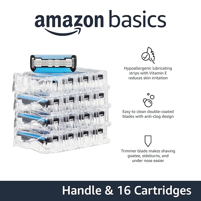 Amazon Basics 5-Blade MotionSphere Men's Razor with Dual Lubrication and Precision Trimmer, 17 Piece Set, 1 Handle & 16 Cartridges, Black