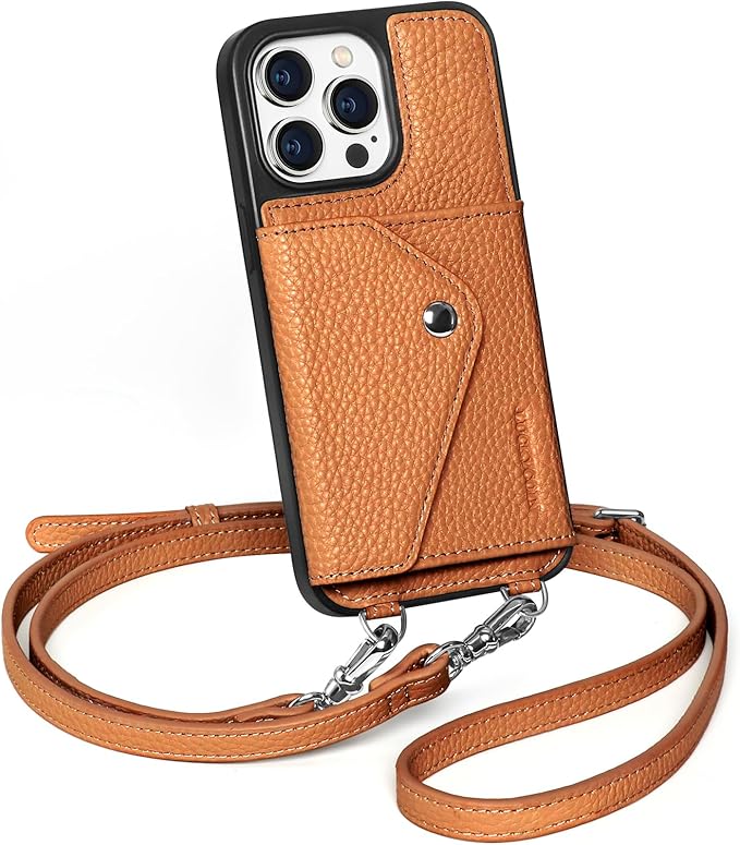 LUCKYCOIN Crossbody Wallet Phone Case for iPhone 14 Pro,100% Genuine Leather Wallet Phone Case with Expandable Flip Card Holder,Phone Purse for Women with Adjustable Removable Strap - Pebble Brown