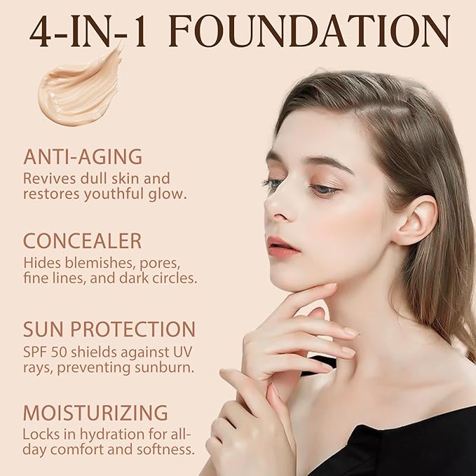 Color Changing Foundation Liquid 4 in 1, Foundation for Older Women, Hydrating Longwearing & Waterproof Concealer, SPF 50+ Foundation Makeup Base Nude Face, Medium Spectrum for all Skin
