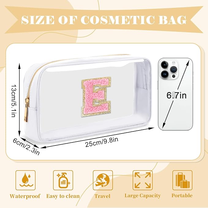 Personalized Initial Letter Clear Makeup Bag,Preppy Small Nylon&PVC Cosmetic Zipper Bag with Chenille Letter,Travel Skincare Toiletry Bag,Monogram Christmas Gift for Teen Girls Women,E