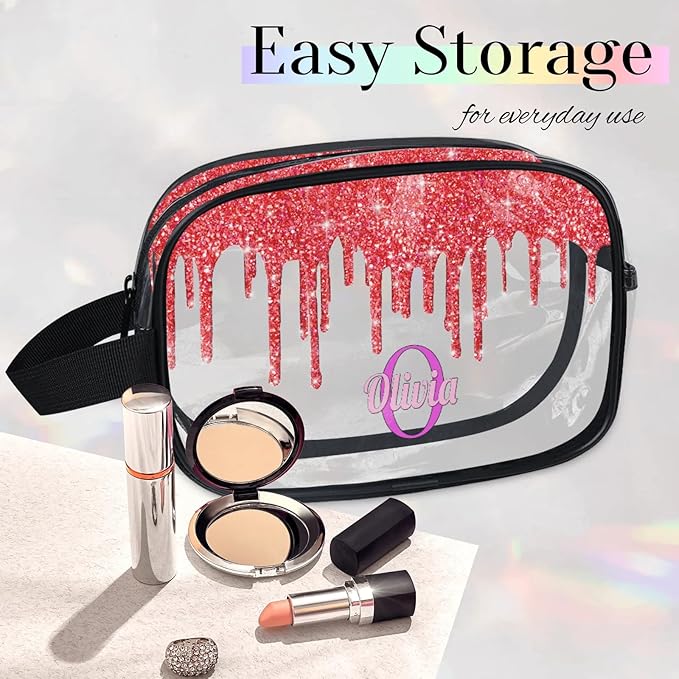 Custom Clear Travel Cosmetic Bag with Name, Personalized Transparent Large Capacity Weekend Toiletry Bag Portable Bathroom Makeup Organizer, Shiny Sparkly Fluid Shape Red Glittering