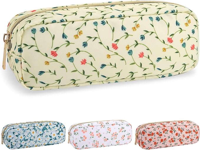 Nylon Small Floral Makeup Bag Slim Pouch, Preppy Cute Makeup Brush Case Bag Flower Cosmetic Zipper Pouch for Purse, Waterproof Travel Toiletry Bag Make Up Organizer for Women Girl(Light Yellow-Flower)
