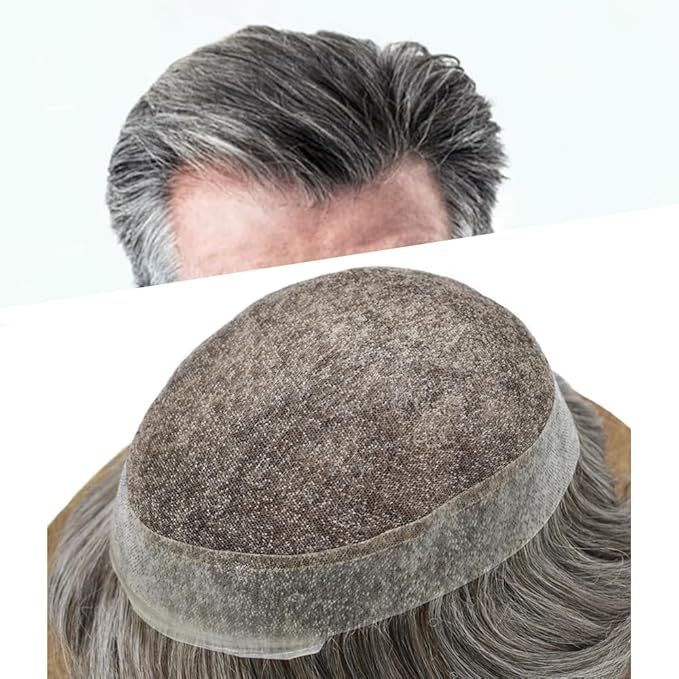 FACE MIRACLE Toupee for Men French Lace Hairpiece Human Hair Replacement System Skin PU Mens Toupee Hair Wigs for Man V-Looped Front Hair Prosthesis 6"X9" #460 Medium Brown with 60% Gray