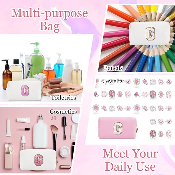Glitter Initial Letter Makeup Bag, Small Personalized Sequins Letters PU Leather Cosmetic Bag Portable Waterproof Makeup Zipper Pouch, Shine Handbag Organizer Travel Bag Gifts for Women&Girls(White-G)