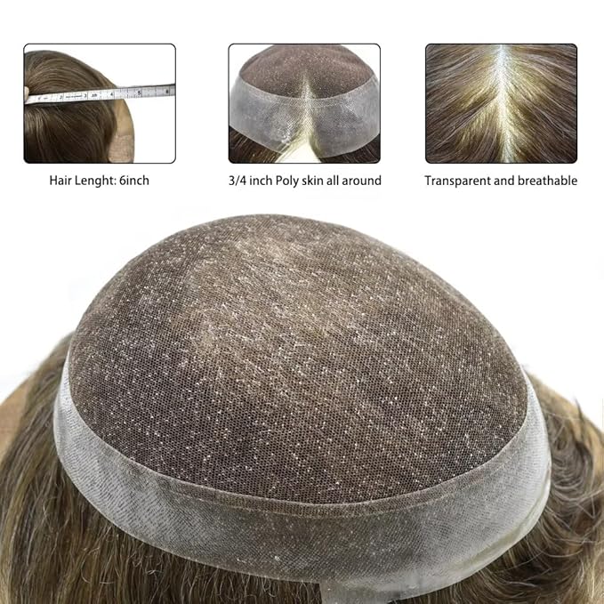 Mens Toupee Human Hair Piece French Lace Toupee for Man Hair System Indian Human Hair Replacement Systems V-Looped PU Front Hairpieces 7"X9" #630 Light Brown with 30% Gray