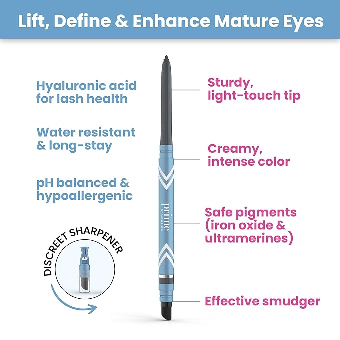 PRIME PROMETICS PrimeEyes Glide Eyeliner for Mature Women – Waterproof, Long-Stay and Mess-Proof – Gel Creme Texture, Discreet Sharpener and Effective Smudger (Smoky)