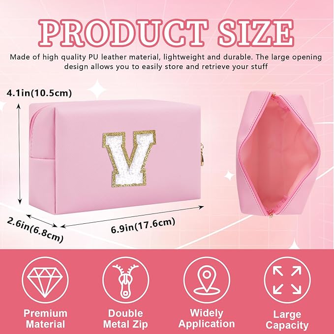 Iqimott,Personalized Initial Letter Patch Makeup Bag, Preppy Portable Chenille Letter Cosmetic Bag with Zipper, PU Leather Travel Toiletry Bag Monogram Make Up Pouch for Women Girls(Letter V)