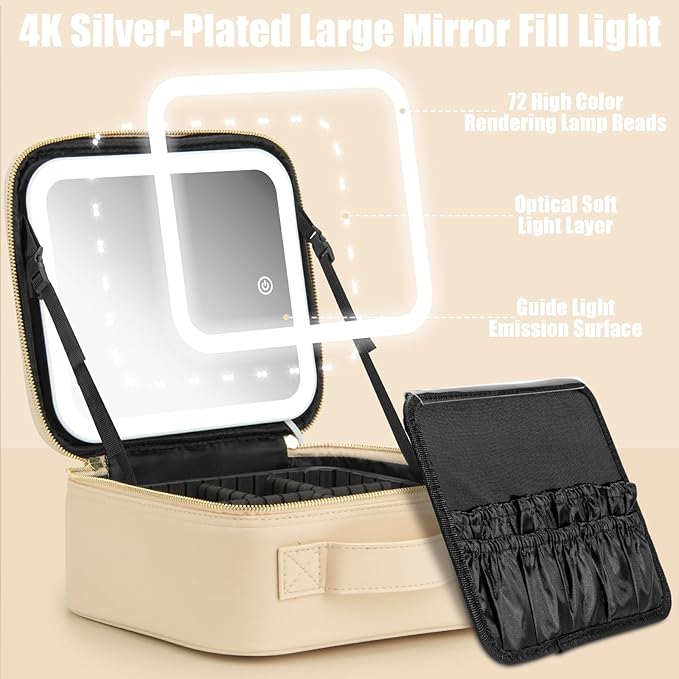 Makeup Travel Train Case with Mirror LED Light 3 Adjustable Brightness Large Cosmetic Bag Portable Storage Adjustable Partition Waterproof Makeup Brushes Make up Jewelry Gift for Women