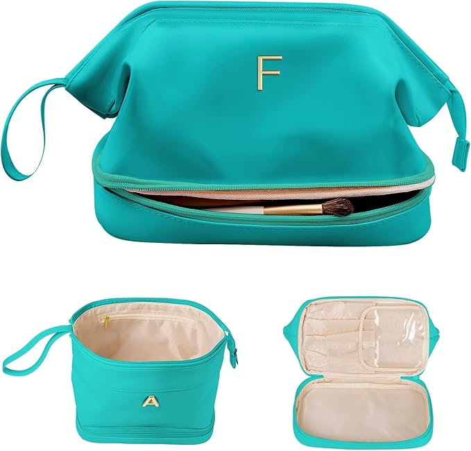 Daughter Birthday Gift for Her, Makeup Bags, Waterproof Double Layer Cosmetic Bag, Large Capacity PU Leather Makeup Bags Letter Travel Toiletry Bag, Initial Gifts for Coworkers