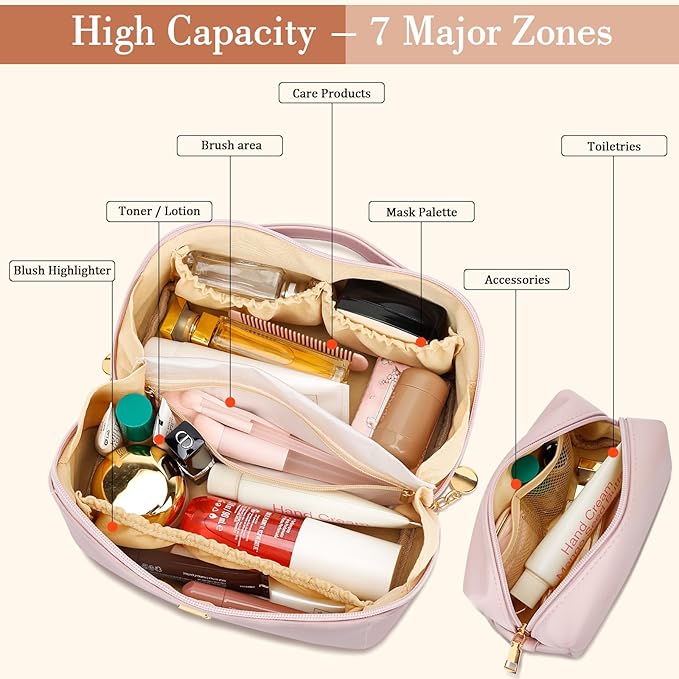Birthday Gifts for Women Teen Girl, Personalized Initial Makeup Organizer Bag Set, Open Flat Travel Cosmetic Bag With Clear Divider and Handle(Pink,L)