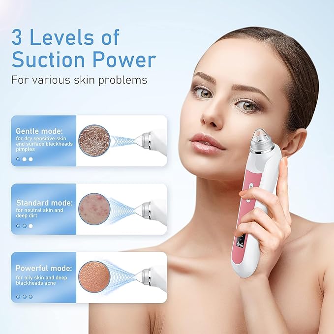 Blackhead Remover Vacuum, USB Interface Type Pore Vacuum, Black Head Extractions Tool with Camerafor, Men and Women Pore Cleaner, 3 Adjustment Modes & 6 Suction Heads(Light Pink)