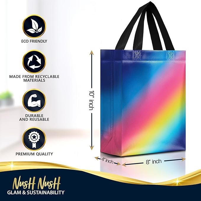 Nush Nush Gradient Gift Bags Bulk – Set of Reusable Rainbow Gift Bags With Medium Size and Holographic Finish - Ideal Goodie Bag for Birthday Party Favors, Kids Party, Events - 8x4x10