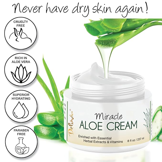Deluvia Miracle Aloe Cream | Face & Body Moisturizer with Vitamin E & Organic Aloe Vera | Hydrating, Soothing for Dry Skin, Anti-Wrinkle, Acne Scars, Rosacea, Psoriasis, Eczema - 8 oz