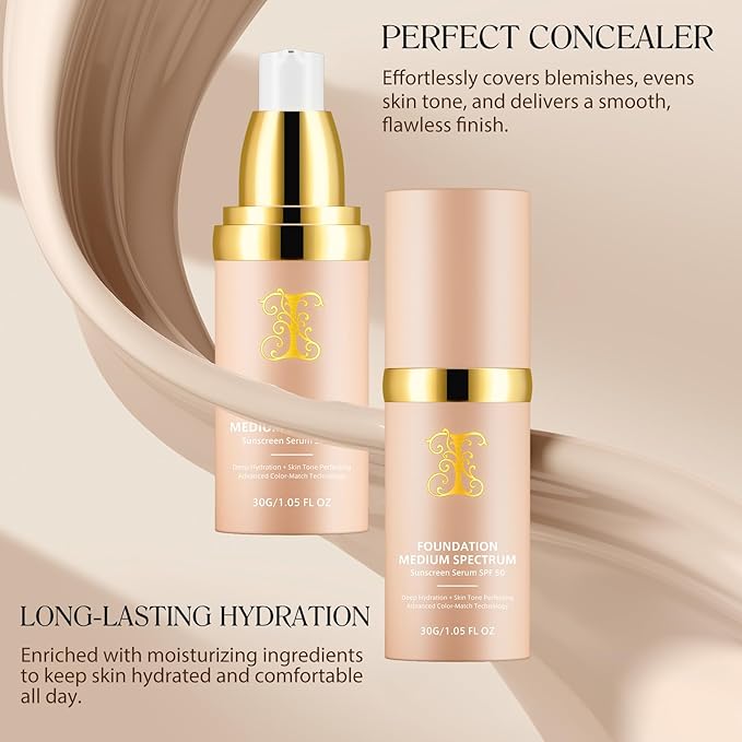 Colour Changing Foundation Liquid 4 in 1, Oil-free BB Cream Makeup, Hydrating Longwearing & Waterproof Concealer, SPF 50+ Makeup Base Nude Face, Foundation Medium Spectrum for all Skin(2PCS)