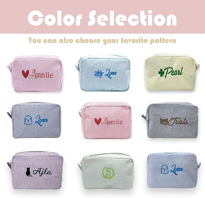 Custom Makeup Bag Personalized Cosmetic Bag Cute Seersucker Travel Toiletry Bag for Women Embroidered Bag Organizer for Bride Makeup Bag Gift Purple