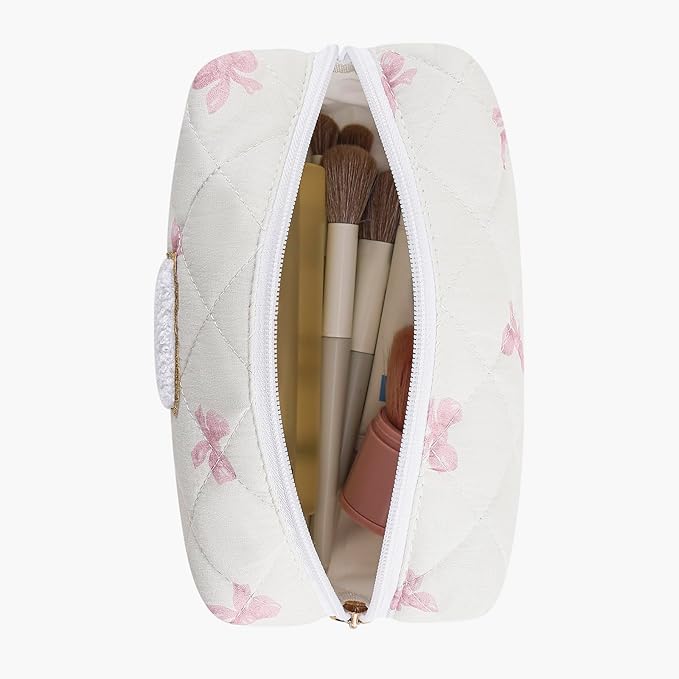 Gleyemor Personalized Initial Makeup Bag for Women, Cute Quilted Pink Floral Cotton Cosmetic Bag, Christmas Gifts for Her Mom Friend Sister Bridesmaid Teacher Women U