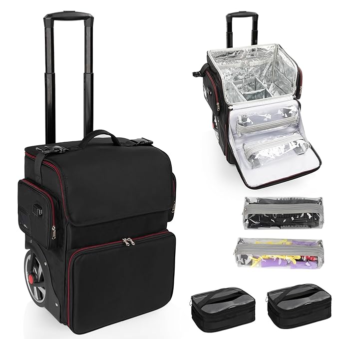 Large Makeup Train Case,Cosmetic Makeup Case for Hairstylist, Hairdresser Bag with Detachable Pouch,Heat Insulation and Anti-scalding Full layer for Hairdressing Tool Organizer Trolley with wheels