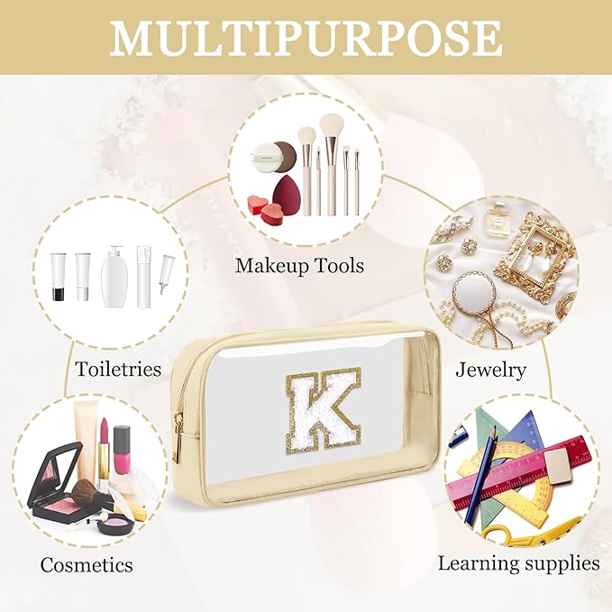 Small Clear Personalized Initial Makeup Bag,Nylon Preppy A-Z Chenille Letter Patch Cosmetic Pouch Beach Toiletry Bag,Waterproof Zipper Travel Purse Storage Bag Organizer for Women Girls(Beige-White K)