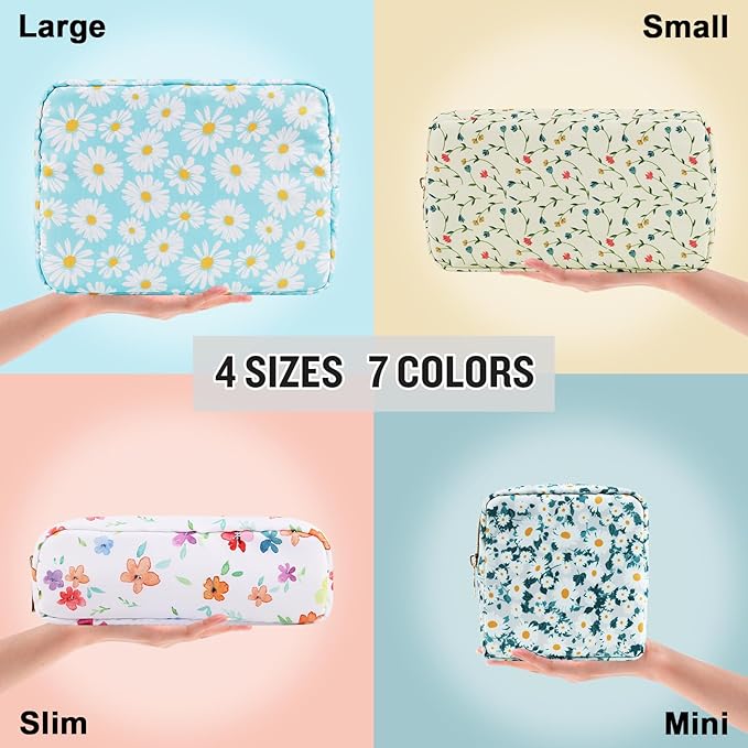 Nylon Small Floral Makeup Bag, Slim Preppy Cute Makeup Brush Case, Waterproof Travel Toiletry Bag, Coin Pouch Make Up Organizer for Women (Blue-Daisy)