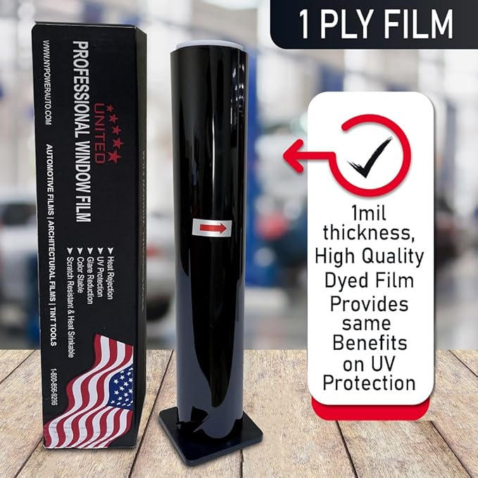 United Professional Window Tint 50% VLT 40" in x 100'Ft 1Ply Dyed Upgraded Film - Privacy Window Tint for Car, Home, Blocks UV/IR Rays, Reduce Heat & Glare - Adhesive Window Film Standard Black Color