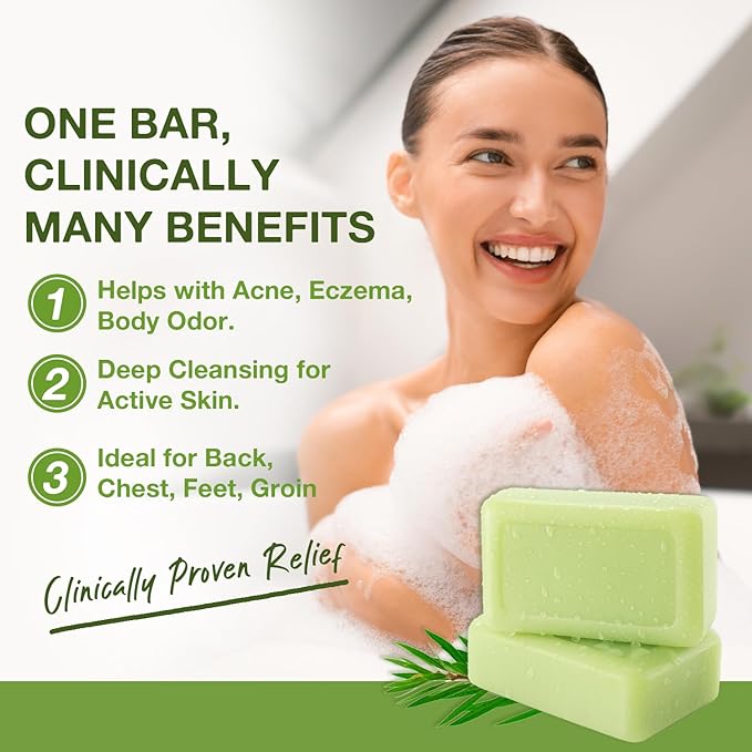 Tea Tree Antifungal Soap Bar – Body Wash for Face & Body Acne, Folliculitis, Jock Itch, Ringworm, Athlete’s Foot, Body Odor, Eczema – 2×4.1 oz