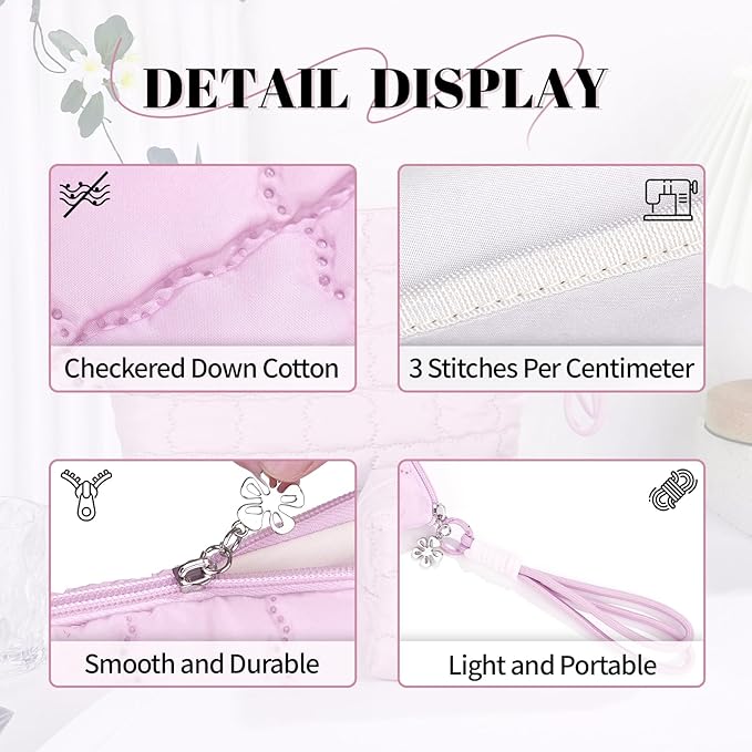 Richeart Makeup Bag Travel Toiletry Bag - Checkered Down Cotton Makeup Pouch for Women with Cosmetic and Pencil, Aesthetic Pink Design, Large