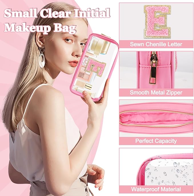 Small Clear Personalized Initial Makeup Bag,Nylon Preppy A-Z Chenille Letter Patch Cosmetic Pouch Beach Toiletry Bag,Waterproof Zipper Travel Purse Storage Bag Organizer for Women Girls(Pink-Pink E)