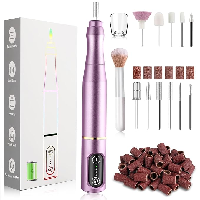 Cordless Nail Drill Electric Nail File Kit Rechargeable Professional Efile Nail Set, Portable Acrylic Gel Nail Polish Remover Machine Pedicure Manicure Tool, 11 Bits 56 Sanding Bands Salon Home