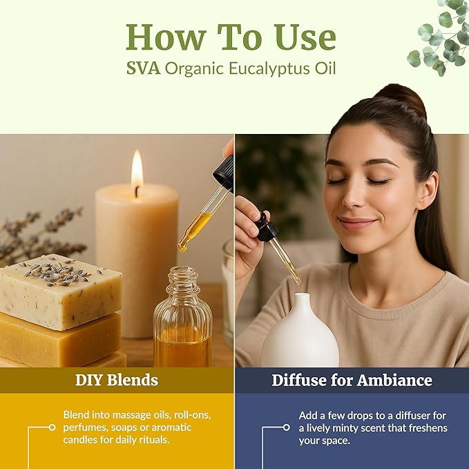 SVA Eucalyptus Essential Oil Organic – 4 Fl Oz – 100% Natural Organic Eucalyptus Oil - for Diffuser, Hair, Face, Skin Care, Aromatherapy, Scalp and Body Massage, Soap and Candle Making - with Dropper