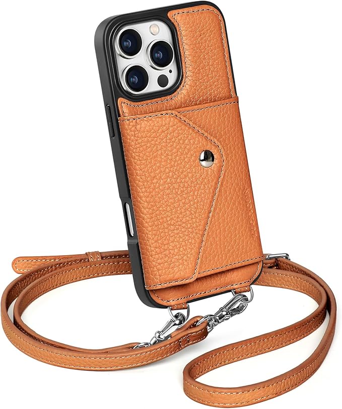 LUCKYCOIN Crossbody Wallet Phone Case for iPhone 16 Pro Max,100% Genuine Leather Wallet Phone Case with Expandable Flip Card Holder,Phone Purse for Women with Adjustable Removable Strap - Pebble Brown