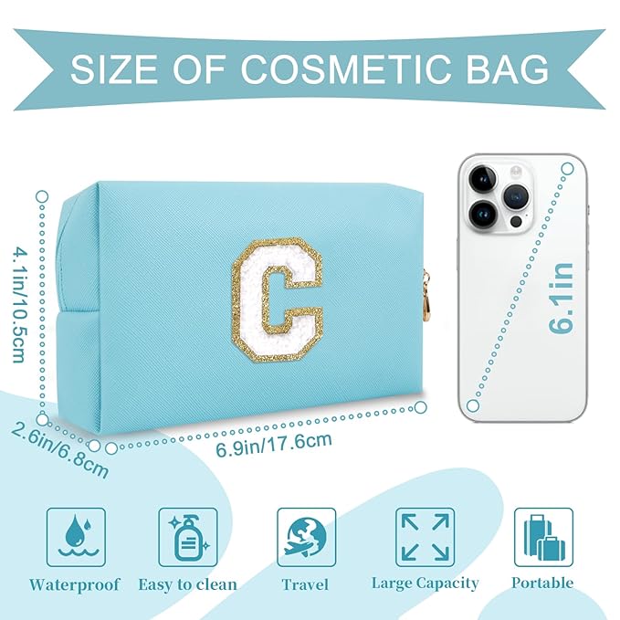Small Personalized Initial A-Z Preppy Patch Makeup Bag,PU Chenille Letter Travel Cosmetic Pouch with Zipper,Blue Cute Toiletry Bag,Gift Ideal for Teen Girls Women Teacher Bridesmaid,Letter C